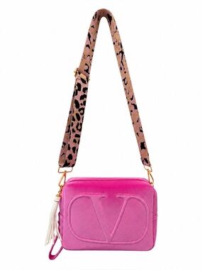 Valentino Pink Leopard Strap Velvet Beauty Bag Converted Crossbody Bag